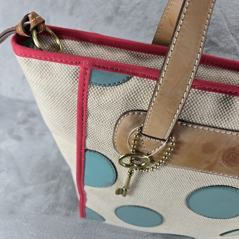 Fossil Key Per Shopper Tote Womens Large Aqua Woven Polka Dot New - Picture 9 of 13